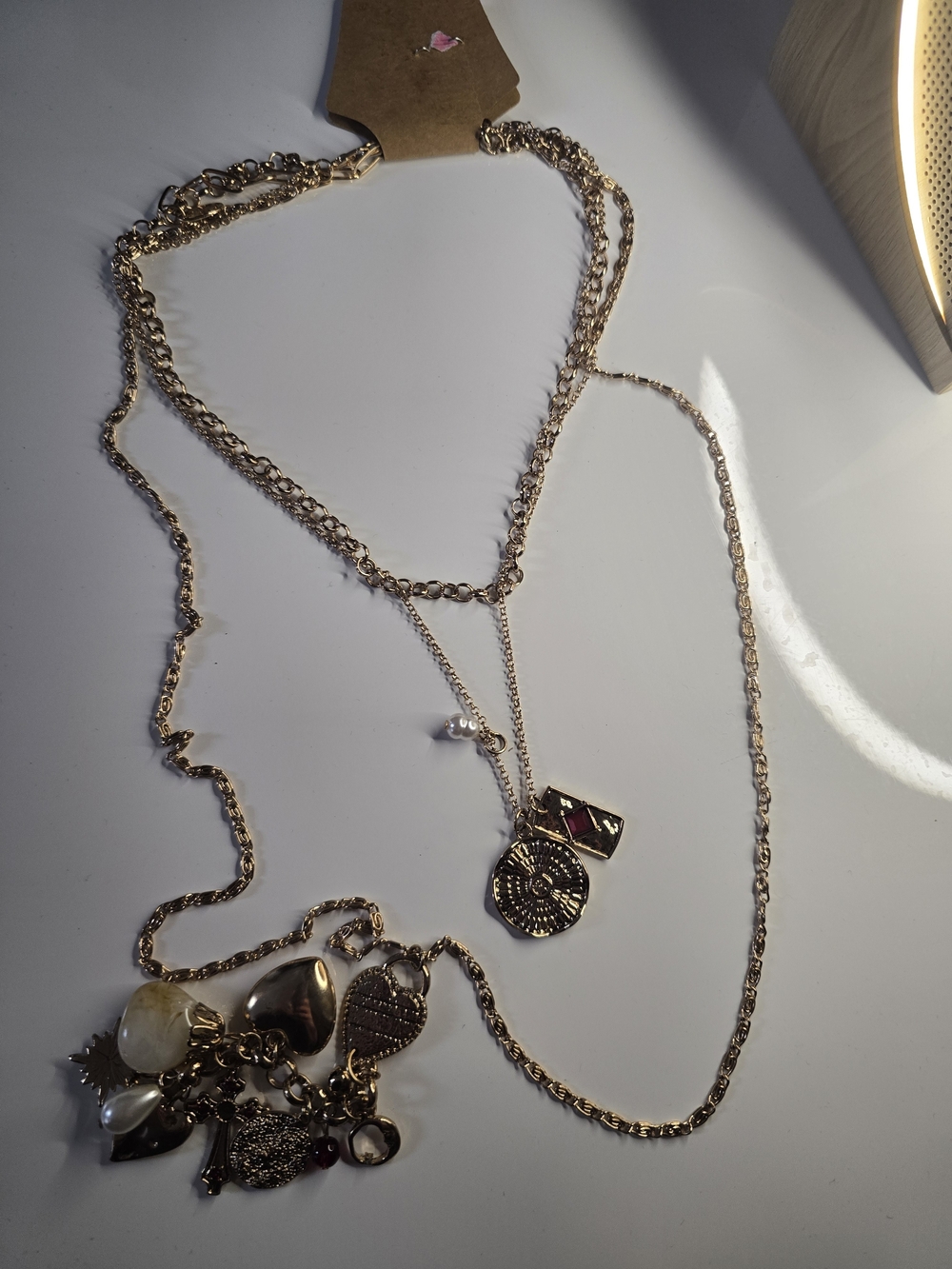Free People Gold-Tone Layered Charm Necklace with Pearl and Crystal Accents